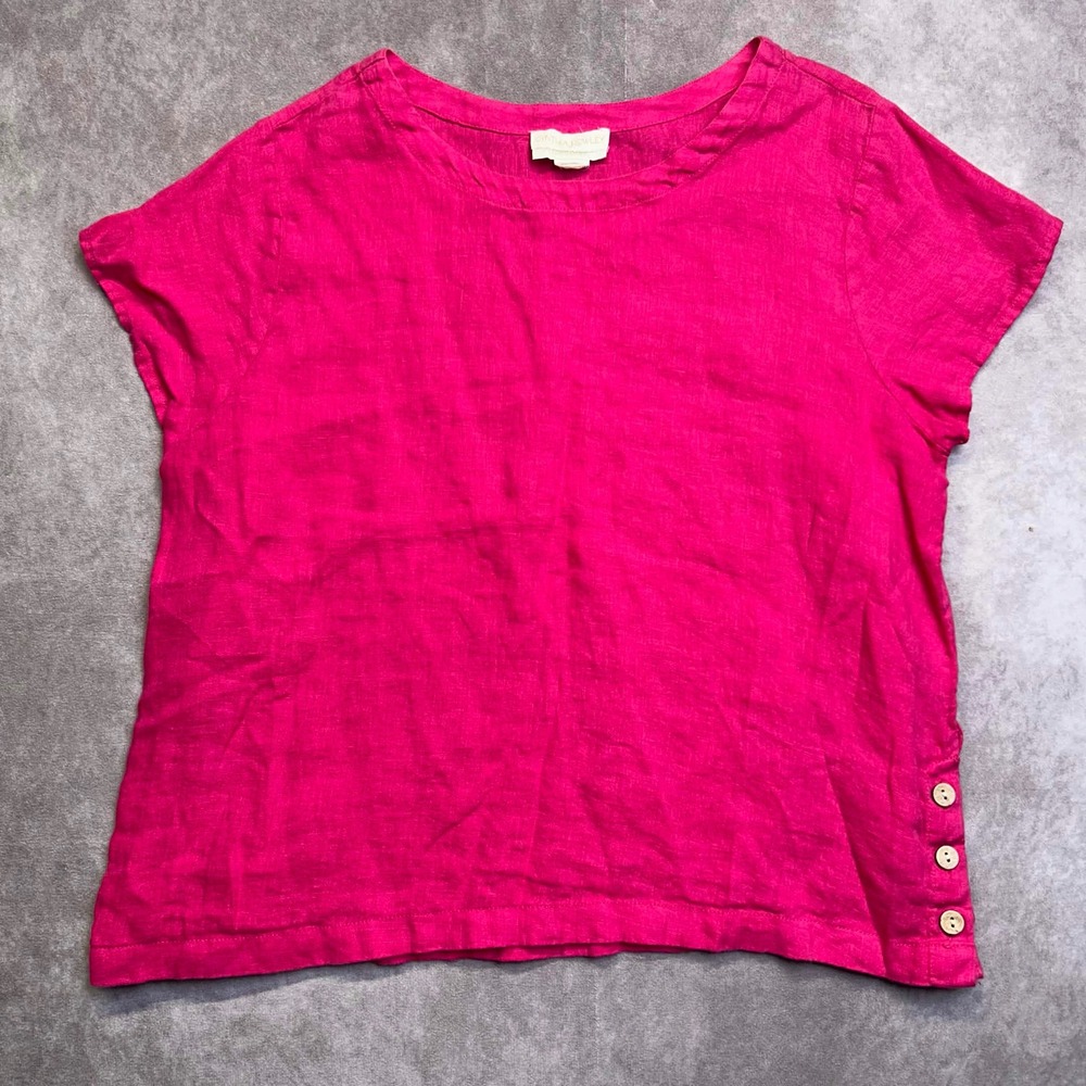 Cynthia Rowley Women's L Pink 100% Linen Short Sleeve Side Button Top Blouse